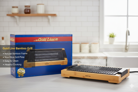 شواية Gold Line Bamboo Grill 🔥🥩 إطار من الخيزران الطبيعي مع سطح شوي غير لاصق لنتائج مثالية بكل مرة 👌 تنظيف سهل وطهي صحي… استمتع بأجواء الشوي داخل البيت بكل أناقة ✨💛